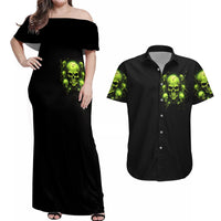 Thunder Skull Couples Matching Off Shoulder Maxi Dress and Hawaiian Shirt Thunder Skull I Never Alone My Demon With Me 24/7 - Wonder Print Shop