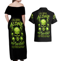 Thunder Skull Couples Matching Off Shoulder Maxi Dress and Hawaiian Shirt Thunder Skull I Never Alone My Demon With Me 24/7 - Wonder Print Shop