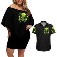 Thunder Skull Couples Matching Off Shoulder Short Dress and Hawaiian Shirt Thunder Skull I Never Alone My Demon With Me 24/7 - Wonder Print Shop
