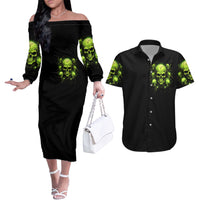 Thunder Skull Couples Matching Off The Shoulder Long Sleeve Dress and Hawaiian Shirt Thunder Skull I Never Alone My Demon With Me 24/7 - Wonder Print Shop