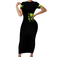 Black short-sleeve bodycon midi dress with neon green skull graphic center