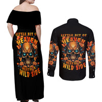 Flower Skull Couples Matching Off Shoulder Maxi Dress and Long Sleeve Button Shirts Litte Bit Of Heaven With A Wild Side - Wonder Print Shop