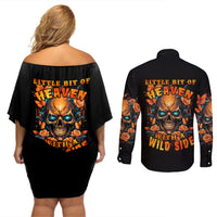 Flower Skull Couples Matching Off Shoulder Short Dress and Long Sleeve Button Shirts Litte Bit Of Heaven With A Wild Side - Wonder Print Shop