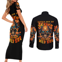Flower Skull Couples Matching Short Sleeve Bodycon Dress and Long Sleeve Button Shirts Litte Bit Of Heaven With A Wild Side - Wonder Print Shop