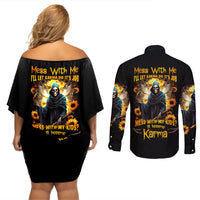 Fairy Death Skull Couples Matching Off Shoulder Short Dress and Long Sleeve Button Shirts Mess With Me I'll Let Karma Do It's Job - Wonder Print Shop