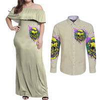 Flower Skull Couples Matching Off Shoulder Maxi Dress and Long Sleeve Button Shirts Iam Who Iam Your Approval Isn't Need - Wonder Print Shop