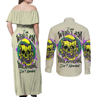 Flower Skull Couples Matching Off Shoulder Maxi Dress and Long Sleeve Button Shirts Iam Who Iam Your Approval Isn't Need - Wonder Print Shop