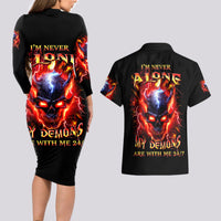 Flame Skull Couples Matching Long Sleeve Bodycon Dress and Hawaiian Shirt I'm Never Alone My Demons Are With Me 24/7 - Wonder Print Shop