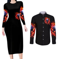 Flame Skull Couples Matching Long Sleeve Bodycon Dress and Long Sleeve Button Shirt I'm Never Alone My Demons Are With Me 24/7 - Wonder Print Shop