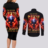 Flame Skull Couples Matching Long Sleeve Bodycon Dress and Long Sleeve Button Shirt I'm Never Alone My Demons Are With Me 24/7 - Wonder Print Shop