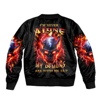 Flame Skull Sleeve Zip Bomber Jacket I'm Never Alone My Demons Are With Me 24/7 - Wonder Print Shop