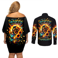 Sunflower Skull Couples Matching Off Shoulder Short Dress and Long Sleeve Button Shirt She Is Sunshine Mixed With A Little Hurricane - Wonder Print Shop
