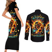 Sunflower Skull Couples Matching Short Sleeve Bodycon Dress and Long Sleeve Button Shirt She Is Sunshine Mixed With A Little Hurricane - Wonder Print Shop