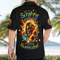Black Hawaiian shirt on model, back view with skull and sunflowers "Hurricane" text