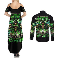 Witch Skull Couples Matching Summer Maxi Dress and Long Sleeve Button Shirt Of Course I'm Going To Hell I'm Just Here To Pick You Up - Wonder Print Shop