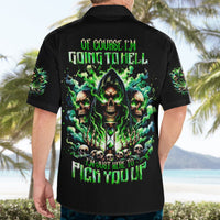 Black Hawaiian shirt on model, back print with neon green skull witch graphic