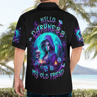 Black short-sleeve button-up Hawaiian shirt with neon witch skull back print