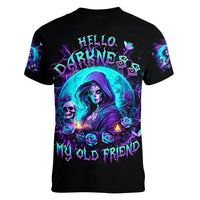 Witch Skull Women V Neck T Shirt Hello Darkness My Old Friend - Wonder Print Shop
