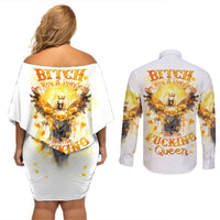 Flower Skull Angel Couples Matching Off Shoulder Short Dress and Long Sleeve Button Shirt Bitch I'm The Fucking Queen - Wonder Print Shop