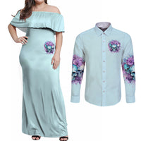 Flower Skull Angel Couples Matching Off Shoulder Maxi Dress and Long Sleeve Button Shirt The Good Girl In Me Got Tired Of The Bullshit - Wonder Print Shop