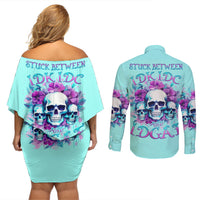 Flower Skull Angel Couples Matching Off Shoulder Short Dress and Long Sleeve Button Shirt Stuck Between IDK IDC and IDGAF - Wonder Print Shop