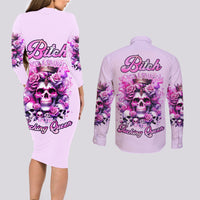 Rose Skull Couples Matching Long Sleeve Bodycon Dress and Long Sleeve Button Shirt Bitch I'm The Fucking Queen - Wonder Print Shop
