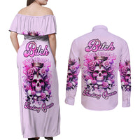 Rose Skull Couples Matching Off Shoulder Maxi Dress and Long Sleeve Button Shirt Bitch I'm The Fucking Queen - Wonder Print Shop