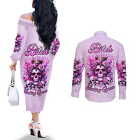 Rose Skull Couples Matching Off The Shoulder Long Sleeve Dress and Long Sleeve Button Shirt Bitch I'm The Fucking Queen