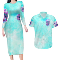 Flower Skull Angel Couples Matching Long Sleeve Bodycon Dress and Hawaiian Shirt Stuck Between IDK IDC and IDGAF - Wonder Print Shop