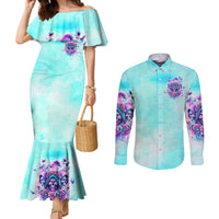 Flower Skull Angel Couples Matching Mermaid Dress and Long Sleeve Button Shirt Stuck Between IDK IDC and IDGAF
