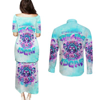 Flower Skull Angel Couples Matching Puletasi and Long Sleeve Button Shirt Stuck Between IDK IDC and IDGAF - Wonder Print Shop