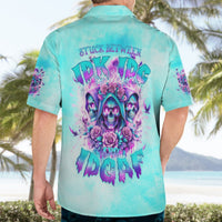 Light blue short-sleeve button-up with large purple skull-and-roses back graphic