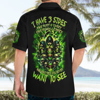 Black Hawaiian shirt back with green flame skull collage and message, short sleeves