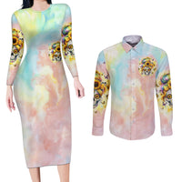 Sunflower Skull Couples Matching Long Sleeve Bodycon Dress and Long Sleeve Button Shirt She Is Sunshine Mixed With A Little Hurricane - Wonder Print Shop