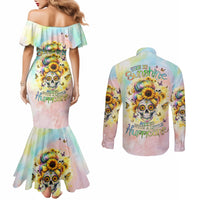 Sunflower Skull Couples Matching Mermaid Dress and Long Sleeve Button Shirt She Is Sunshine Mixed With A Little Hurricane