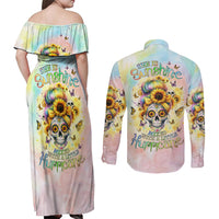 Sunflower Skull Couples Matching Off Shoulder Maxi Dress and Long Sleeve Button Shirt She Is Sunshine Mixed With A Little Hurricane - Wonder Print Shop