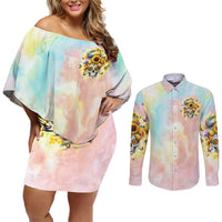 Sunflower Skull Couples Matching Off Shoulder Short Dress and Long Sleeve Button Shirt She Is Sunshine Mixed With A Little Hurricane - Wonder Print Shop