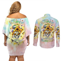 Sunflower Skull Couples Matching Off Shoulder Short Dress and Long Sleeve Button Shirt She Is Sunshine Mixed With A Little Hurricane - Wonder Print Shop
