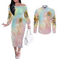 Sunflower Skull Couples Matching Off The Shoulder Long Sleeve Dress and Long Sleeve Button Shirt She Is Sunshine Mixed With A Little Hurricane