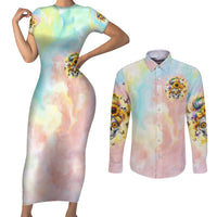 Sunflower Skull Couples Matching Short Sleeve Bodycon Dress and Long Sleeve Button Shirt She Is Sunshine Mixed With A Little Hurricane - Wonder Print Shop