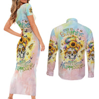 Sunflower Skull Couples Matching Short Sleeve Bodycon Dress and Long Sleeve Button Shirt She Is Sunshine Mixed With A Little Hurricane - Wonder Print Shop