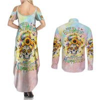 Sunflower Skull Couples Matching Summer Maxi Dress and Long Sleeve Button Shirt She Is Sunshine Mixed With A Little Hurricane - Wonder Print Shop