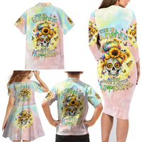 Sunflower Skull Family Matching Long Sleeve Bodycon Dress and Hawaiian Shirt She Is Sunshine Mixed With A Little Hurricane - Wonder Print Shop