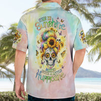 Adult pastel Hawaiian shirt with back graphic of sunflower skull, butterflies, and text