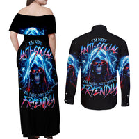 Thunder Skull Couples Matching Off Shoulder Maxi Dress and Long Sleeve Button Shirt I'm Not Anti Social I'm Just Not User Friendly - Wonder Print Shop