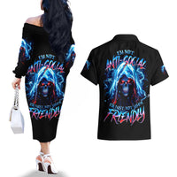 Thunder Skull Couples Matching Off The Shoulder Long Sleeve Dress and Hawaiian Shirt I'm Not Anti Social I'm Just Not User Friendly - Wonder Print Shop