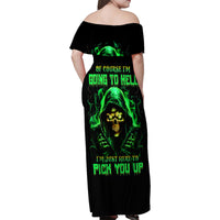 Flame Skull Family Matching Off Shoulder Maxi Dress and Hawaiian Shirt Of Course I'm Going To Hell I'm Just Here To Pick You Up - Wonder Print Shop