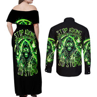 Flame Reaper Skull Couples Matching Off Shoulder Maxi Dress and Long Sleeve Button Shirt Stop Asking Why I'm An Asshole I Don't Ask Why You So Stupid - Wonder Print Shop