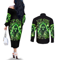 Flame Reaper Skull Couples Matching Off The Shoulder Long Sleeve Dress and Long Sleeve Button Shirt Stop Asking Why I'm An Asshole I Don't Ask Why You So Stupid