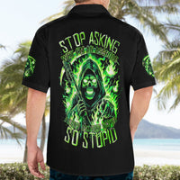 Black short-sleeve button-up Hawaiian shirt with neon green skull flame graphic and text on back